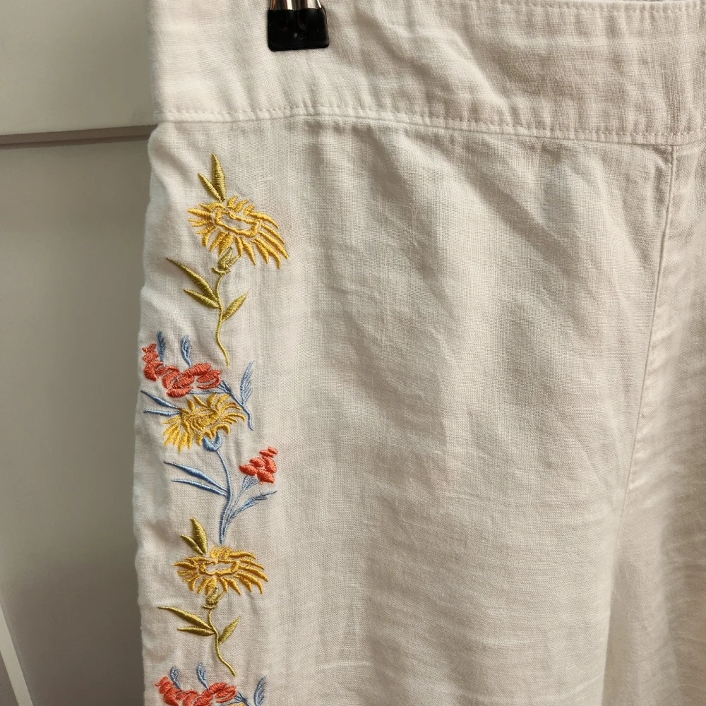 Calypso St. Barth White Linen Pants with Floral Embroidery Beach Size Small